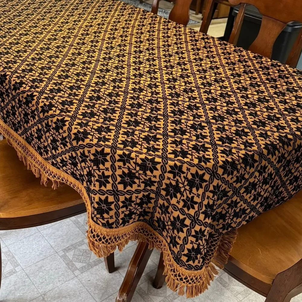 Vintage Bates Black Brown Oval Fringed Tablecloth 64x108